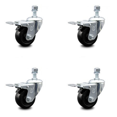Service Caster 3 Inch Hard Rubber Swivel 12mm Threaded Stem Caster Set Total Lock Brake SCC SCC-TSTTL20S314-HRS-M1215-4